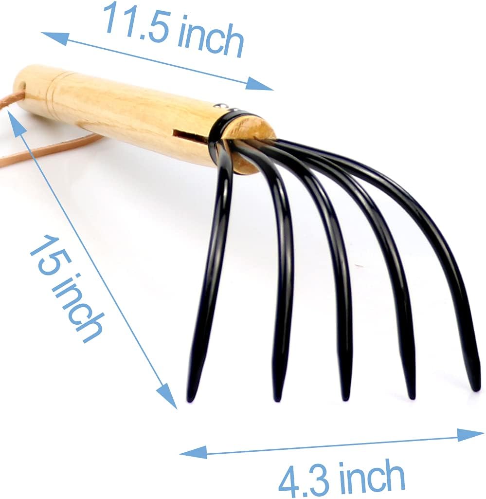 15" Gardeners Claw Rake | Military Grade Steel 6 Tines and Prime Wood Japanese Ninja Claw Garden Rake or Cultivator for Perfect Pulverized and Aerated Soil, Ergonomic Wooden Handle for Firm Grip