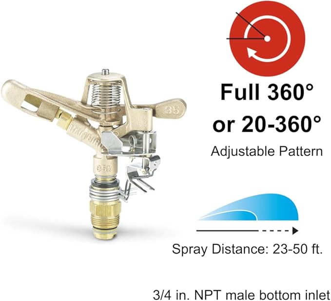 Rain Bird 35ADJTNTB Brass Impact Sprinkler, Adjustable 0° - 360° Pattern, 30' - 50' Spray Distance