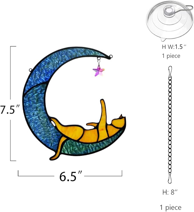 BOXCASA Orange Cat Suncatchers for Windows Hanging,Stained Glass Cat on Moon,Crystal Suncatcher Prism Hanging,Cat Gifts for Women Mom Cat Lovers