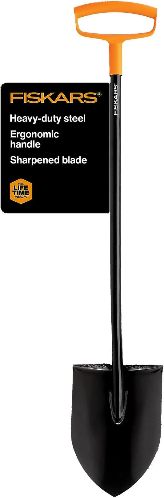 Fiskars D-Handle Digging Shovel - Heavy Duty Gardening Tool with 46" Straight D-Handle - Lawn and Yard Tools - Black/Orange