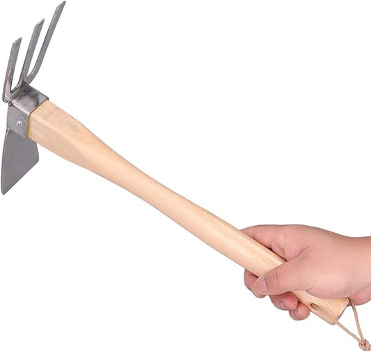 Fdit Stainless Steel Garden Hoe Rake Hand Tool, Simple Practical Fine Workmanship Beech Handle Small Hoe Gardening Tool for Weeding, Digging, Seeding