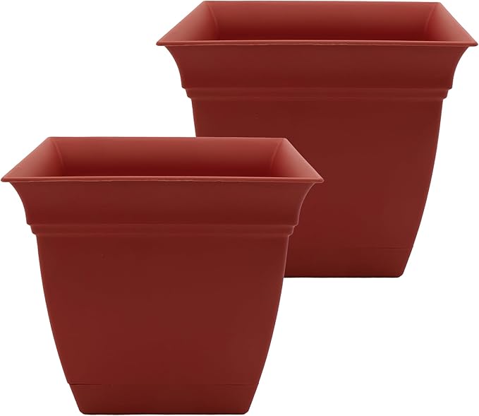 The HC Companies 12 Inch Eclipse Square Planter with Saucer – Indoor Outdoor Plant Pot for Flowers Vegetables Herbs, Clay (Pack of 2)