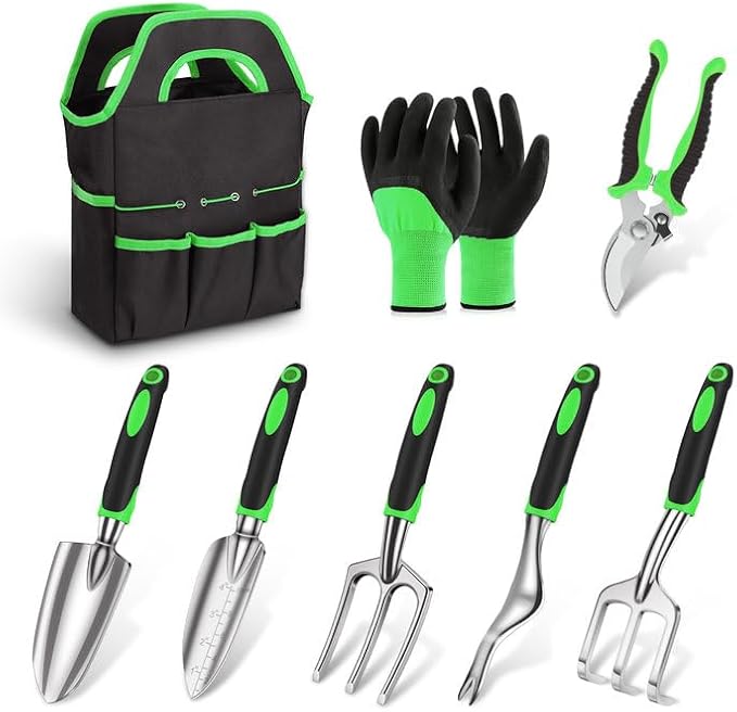 sungwoo Garden Tool Set 8 Piece, Heavy Duty and Lightweight Aluminium Alloy Tools with Ergonomic Handle, Storage Tote Bag, Gardening Hand Tools, Gardening Gifts for Women and Men Green