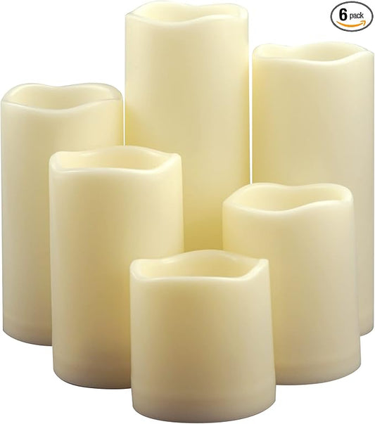 CANDLE CHOICE Waterproof Outdoor Battery Operated Flameless Pillar Candles with Timer White Plastic Realistic Flickering Electric LED Lights for Lantern Garden Wedding Christmas Decorations 6 Pack
