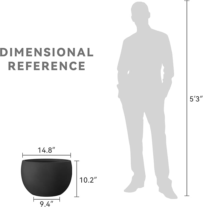 Kante 15.7" Dia Round Concrete Planter, Outdoor/Indoor Large Bowl Plant Pots with Drainage Hole and Rubber Plug for Garden Patio Balcony Home, Black