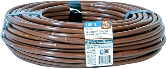 DIG ML-112B ¼” 100’ MICROLINE™ Dripline, 12” Dual Outlet Emitter Spacing, UV-Resistant Tubing for Efficient Irrigation | Ideal for Raised Beds | Flexible, Durable, Easy Installation (Brown)