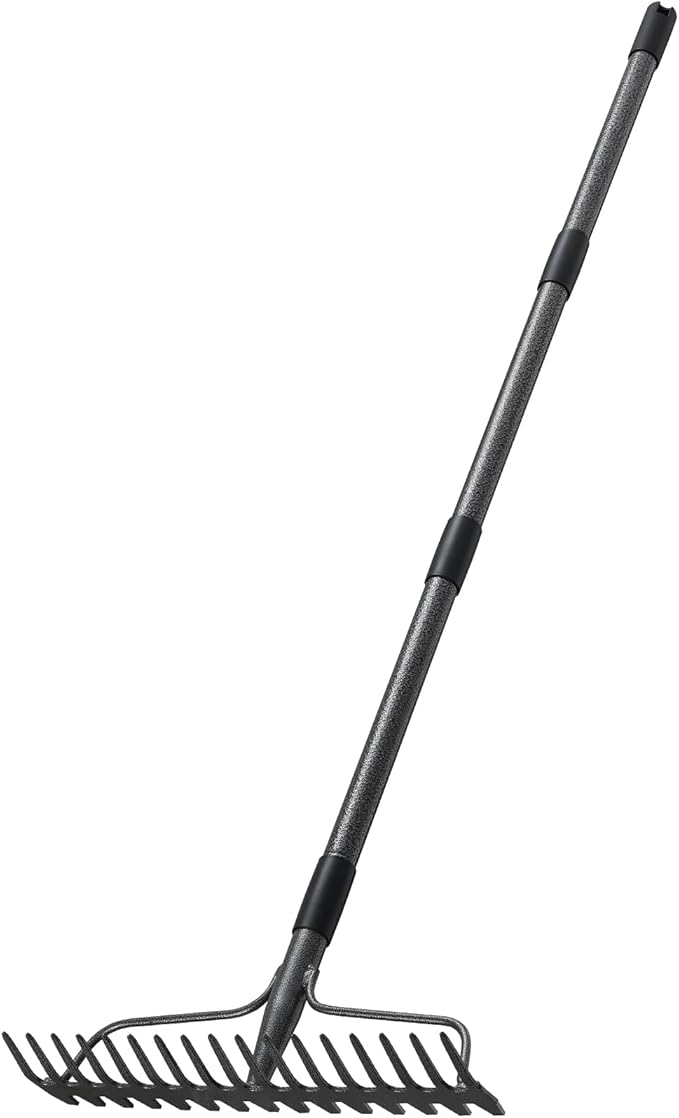 77'' Bow Rake ，17 Tines Metal Head Rake with Stainless Steel Handle，Heavy Duty Garden Rake for Loosening Soil Gathering Leaf Leveling Lawn Farming Land Management Yarn Thatch Rake