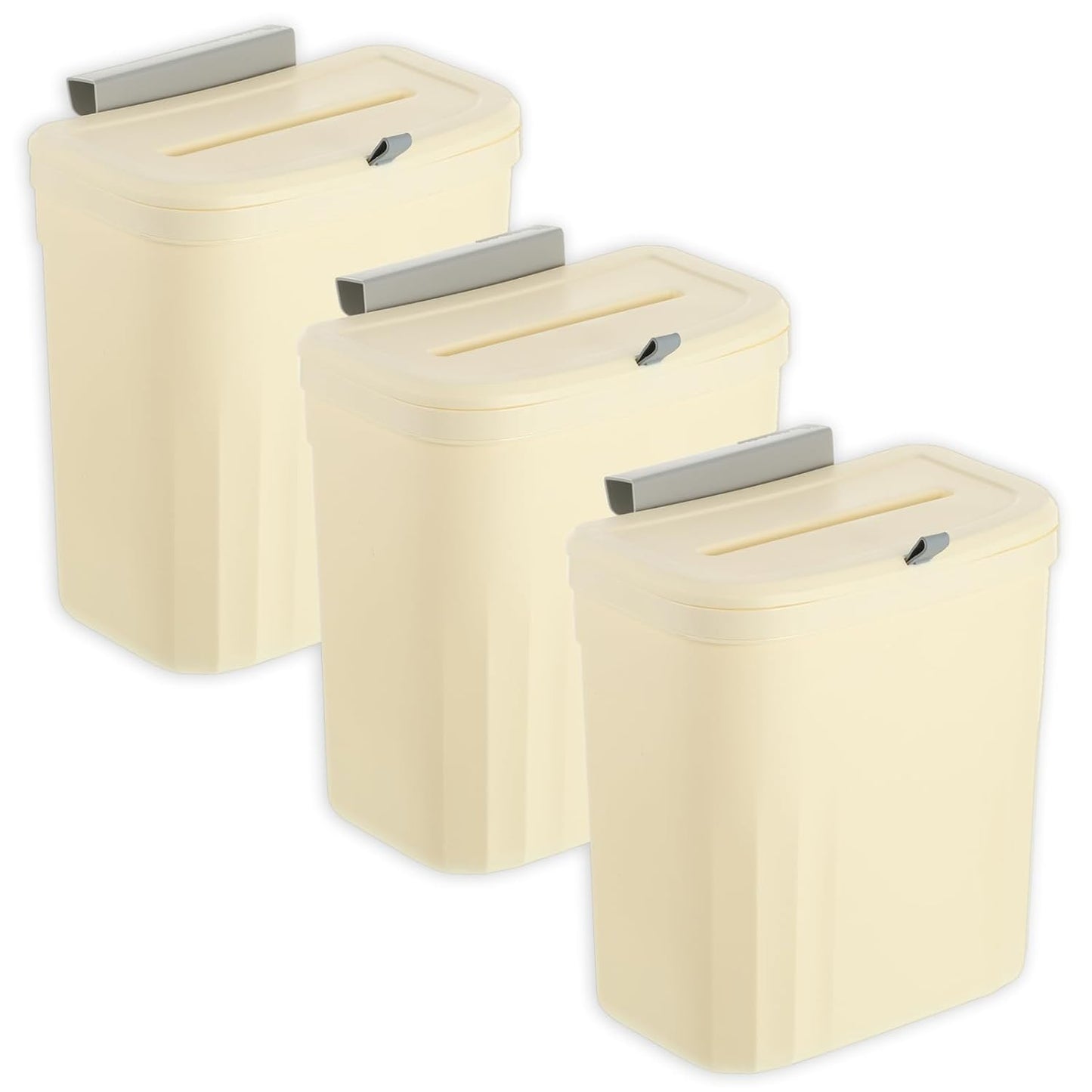 3 Pack Hanging Trash Can with Lid, 10L/2.6 Kitchen Compost Bin for Under Sink or Counter Top, Wall Mounted Home Plastic Waste Basket Garbage Can for Cupboard/Bathroom/Bedroom/Office/Camping (Cream)