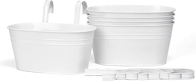 Dahey Metal Iron Hanging Flower Pots for Railing Fence Outdoor Planters Hanging Bucket Pots Countryside Style Window Flower Plant Holder with Detachable Hooks Home Decor,White,5 Pcs