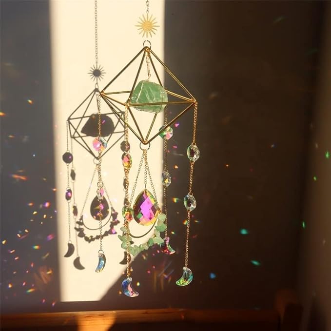 Crystal Suncatchers for Windows, Green Fluorite Gemstone Sun Catcher Hanging, Spiritual, Rainbow Maker, Crystal Boho Decor Indoor Outdoor, Natural Stone (Green Fluorite)
