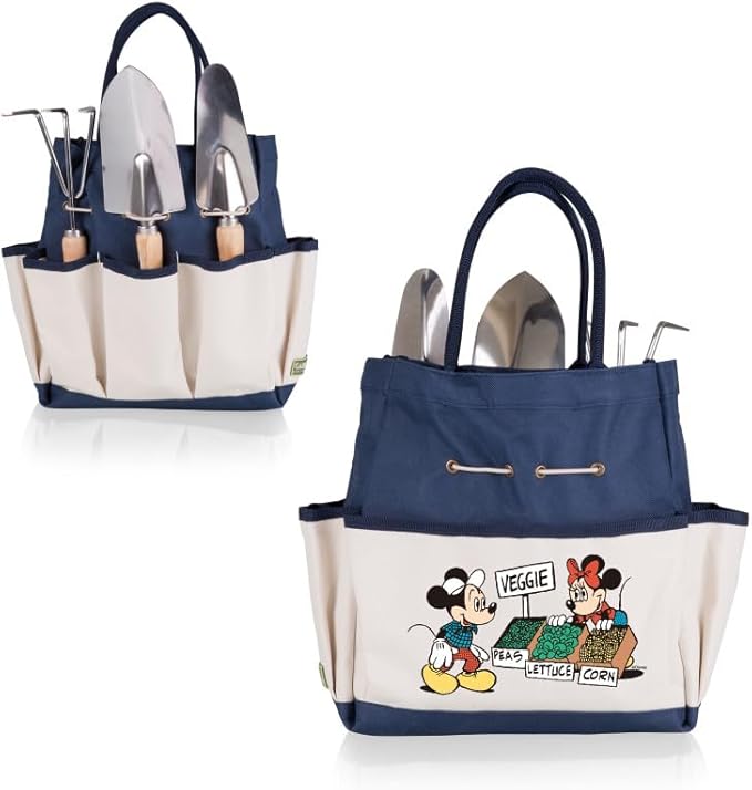 PICNIC TIME Disney Mickey Mouse & Minnie Mouse Garden Bag with Tool Set, Garden Tool Organizer Bag, Gardening Tools Gifts for Women and Men, (Navy Blue with Beige Accents)