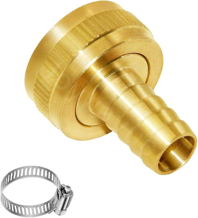 Joywayus 5/8" Barb x 3/4" Female GHT Thread Swivel Round Brass Garden Water Hose Pipe Connector Copper Fitting with Stainless Clamp House/Boat/Lawn/Power Wash/Irrigation