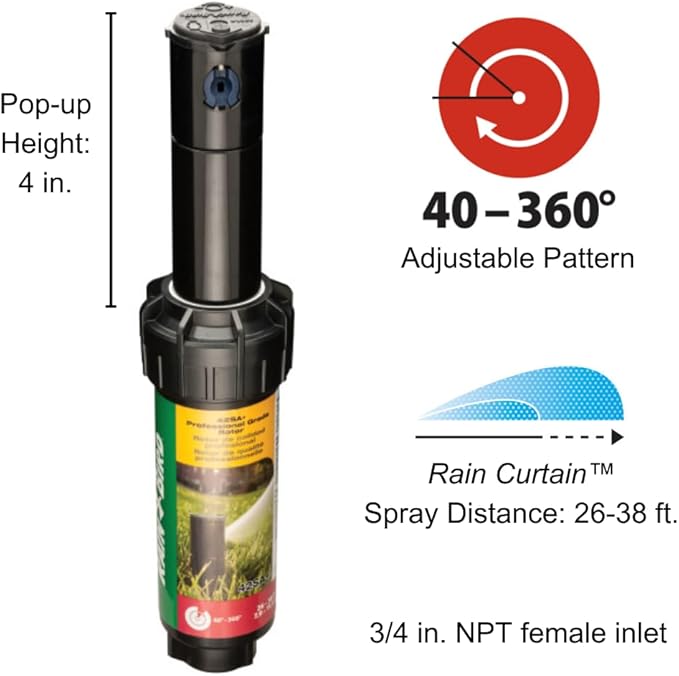 Rain Bird 42SA+ Simple Adjust Gear Drive Rotor, Adjustable 40° - 360° Pattern, 26' - 38' Spray Distance, Black