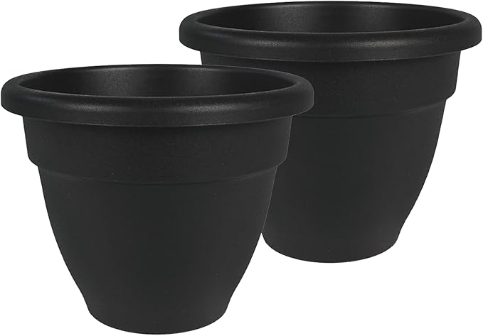 The HC Companies Caribbean Planter Pot - Outdoor & Indoor Plant Pot with Drainage Hole & Plug - Rolled Rim Plastic Pots for Plants & Flowers - Decorative Plant Pot (10" Black, Pack of 2)