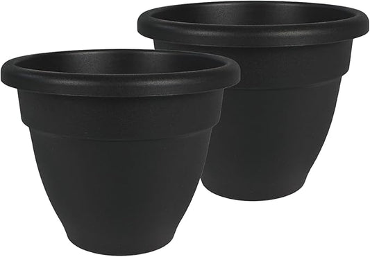The HC Companies Caribbean Planter Pot - Outdoor & Indoor Plant Pot with Drainage Hole & Plug - Rolled Rim Plastic Pots for Plants & Flowers - Decorative Plant Pot (14" Black, Pack of 2)