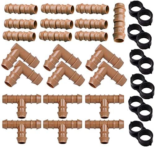 28P Drip Irrigation Fittings Kit (17mm) for 1/2" Tubing (.600" ID), 10 Couplings, 6 Tees, 6 Elbows and 6 Tubing End Closure - Barded Connectors for Drip or Sprinkler Systems(28 Pieces Set)