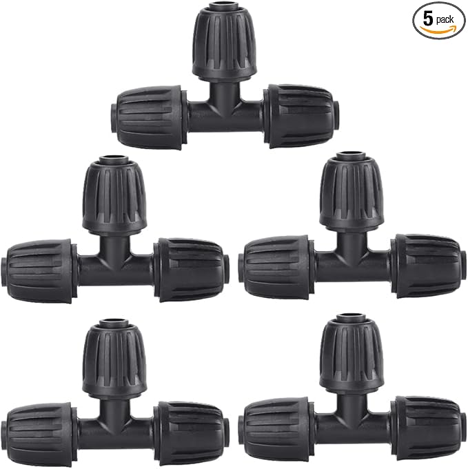 5 Pack 1/2" Drip Irrigation Fittings, Lock Barbed Tee Connectors, 1/2 inch T Connectors for Tubing(1/2" ID x 0.65" OD), Anti-Drop Straight Tee for Irrigation Tubing