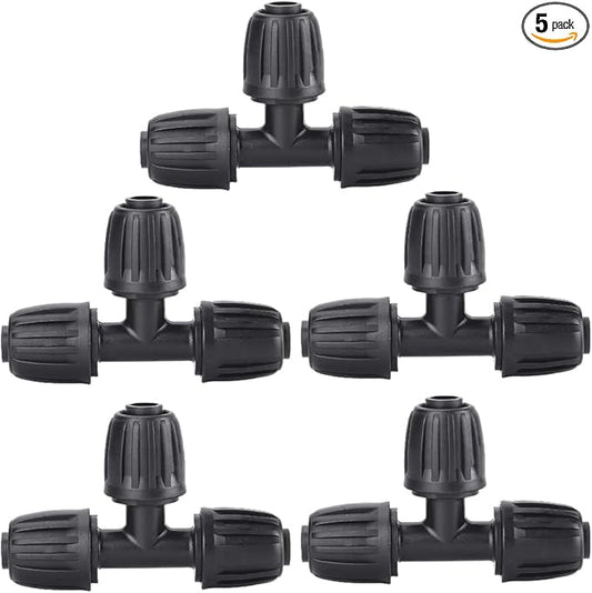 5 Pack 1/2" Drip Irrigation Fittings, Lock Barbed Tee Connectors, 1/2 inch T Connectors for Tubing(1/2" ID x 0.65" OD), Anti-Drop Straight Tee for Irrigation Tubing