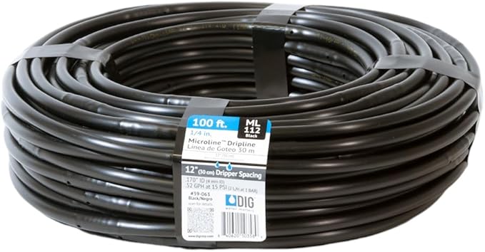 DIG ML-112, ¼" 100' MICROLINE™ Dripline -12” Spacing, .52 GPH, .170 ID x .250 OD, Color Black – UV Protected Drip Line,