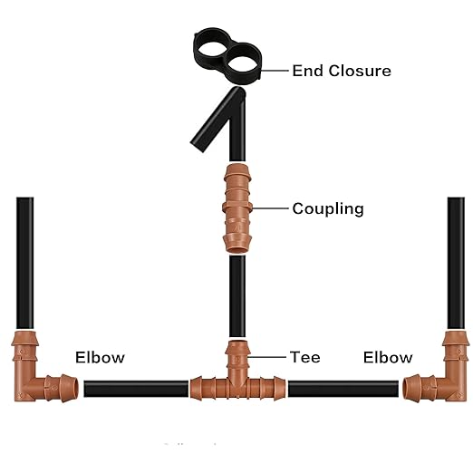 Drip Irrigation Fittings Kit for 1/2 inch Tube (0.600”ID), 24 Pieces Drip Irrigation Parts Set - 6 Tees, 6 Couplings, 6 Elbows, 6 End Caps, Drip Line Connectors for Drip Sprinkler Hose