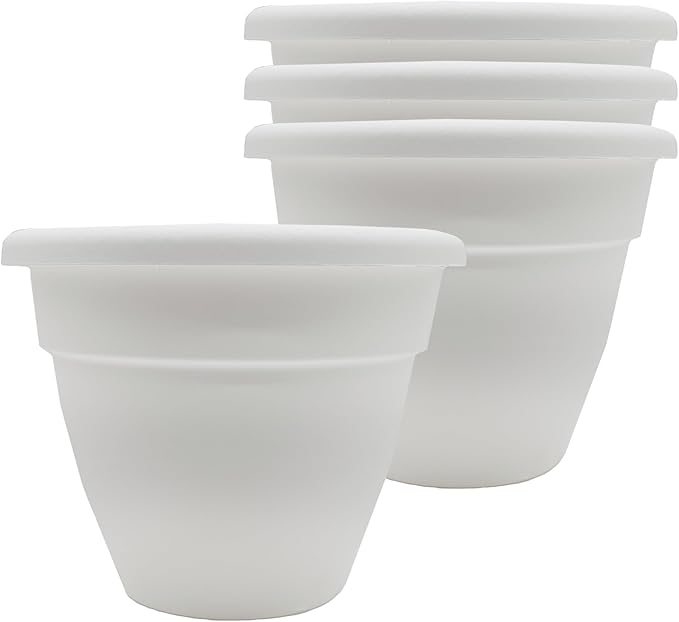 The HC Companies Caribbean Planter Pot - Outdoor & Indoor Plant Pot with Drainage Hole & Plug - Rolled Rim Plastic Pots for Plants & Flowers - Decorative Plant Pot (8" White, Pack of 4)