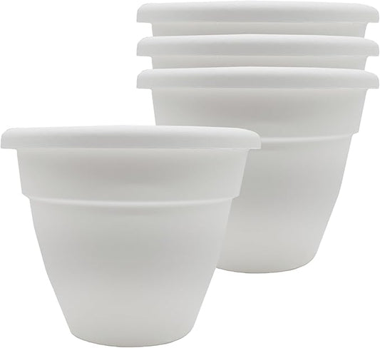 The HC Companies Caribbean Planter Pot - Outdoor & Indoor Plant Pot with Drainage Hole & Plug - Rolled Rim Plastic Pots for Plants & Flowers - Decorative Plant Pot (8" White, Pack of 4)