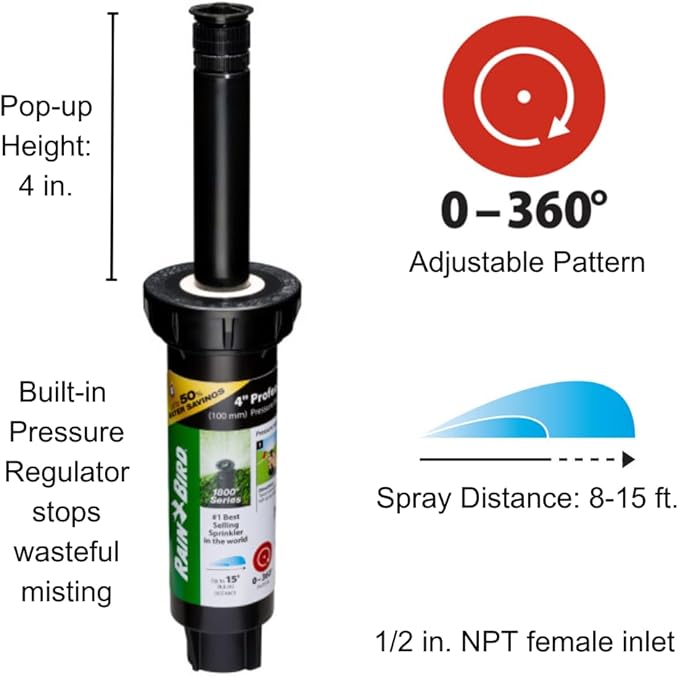 Rain Bird 1804APPR25 Pressure Regulating (PRS) Professional Pop-Up Sprinkler, Adjustable 0° to 360° Pattern, 8' - 15' Spray Distance, 4" Pop-up Height