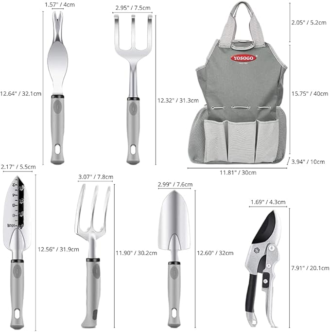 Garden Tools and Watering Set (9-Piece) | Heavy Duty Stainless Steel Hand Tool Kit with Ergonomic Handles, Gardening Gloves, and Tote Bag with Storage Pockets (Silver)