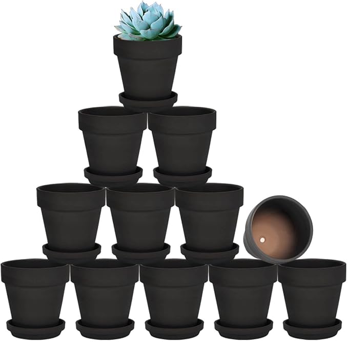 vensovo 3 inch Black Terracotta Clay Pots for Plants with Saucer - 12 Pack Small Terra Cotta Planter Great for Garden Windowsill Indoor & Outdoor Wedding Favors Gifts