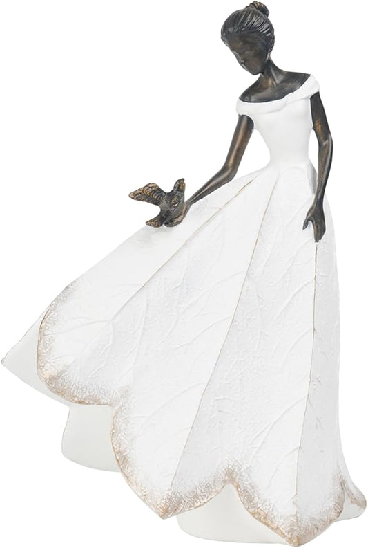 Guichifun Fairy Statue Collection Home Decoration - White Leaf Angel Girls with Bird Resin Home Decor for Outdoor or Indoor Outdoor Yard Decorations Figurines Retirement Gift 8.5 x 5.25 x 12 Inch