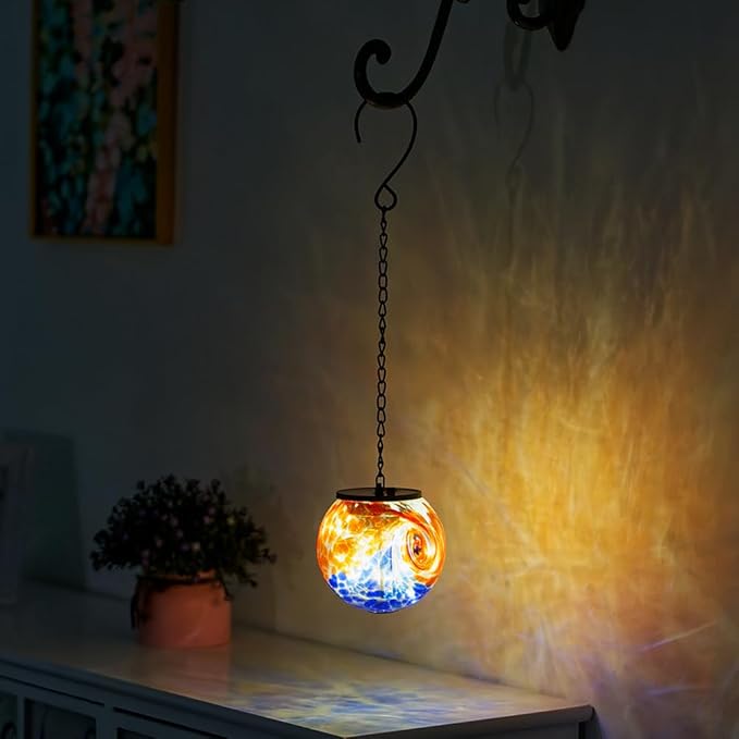 Hanging Solar Lanterns Outdoor Waterproof, Hanging Glaze Glass Solar Lantern, Gazing Ball Lantern Waterproof Decor for Yard Garden Patio