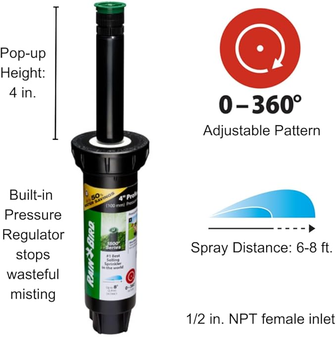 Rain Bird 1804AP8PRS Pressure Regulating (PRS) Professional Pop-Up Sprinkler, Adjustable 0 - 360° Pattern, 6' - 8' Spray Distance, 4" Pop-up Height