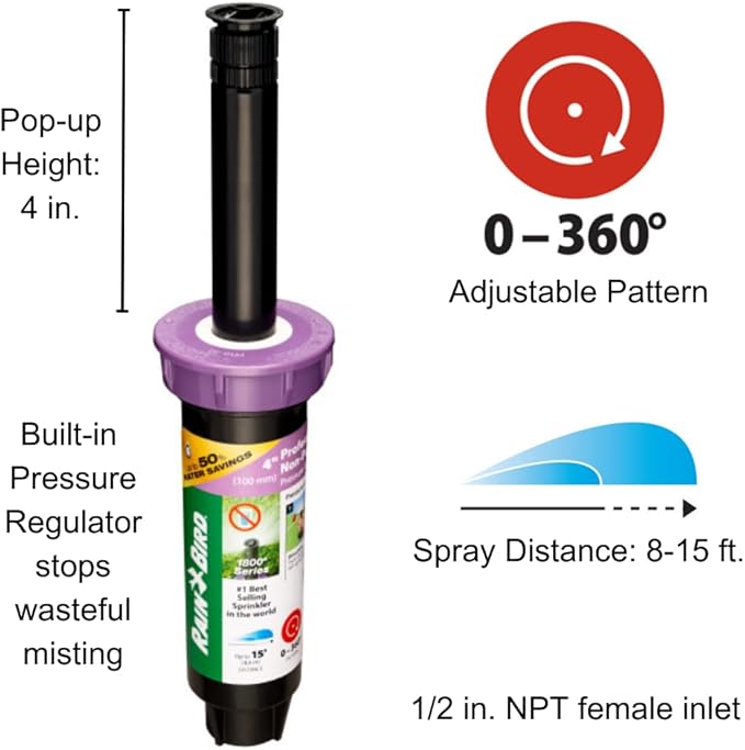 Rain Bird 1804NPPRS Pressure Regulating (PRS) Professional Non-Potable Water Pop-Up Sprinkler, Adjustable 0° to 360° Pattern, 8' - 15' Spray Distance, 4" Pop-up Height, Purple Cap