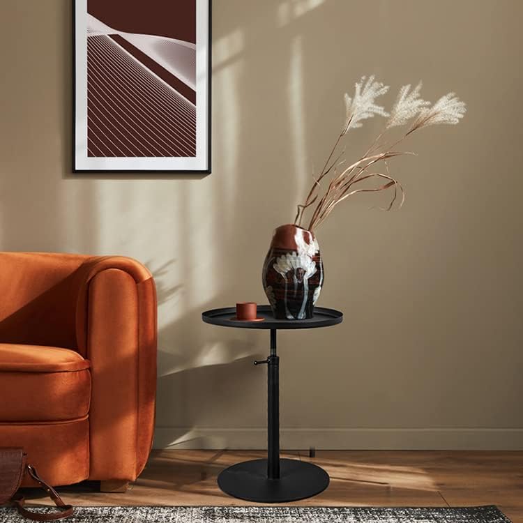 Outdoor Side Table,Tray Metal Sofa End Table, Accent Coffee Table, Adjustable Height, Waterproof and Anti-Rust Outdoor&Indoor Snack Table, Black (Round Top)