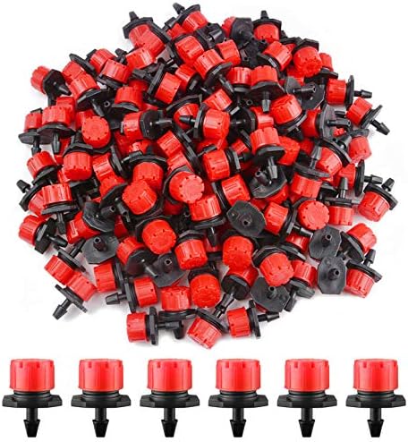 Kalolary 200Pcs Adjustable Irrigation Drippers, 1/4 Inch Barbed Drip Emitter 360 Degree Watering Sprinklers Anti-Clogging Drippers for 4mm/7mm Garden Watering System（Red）