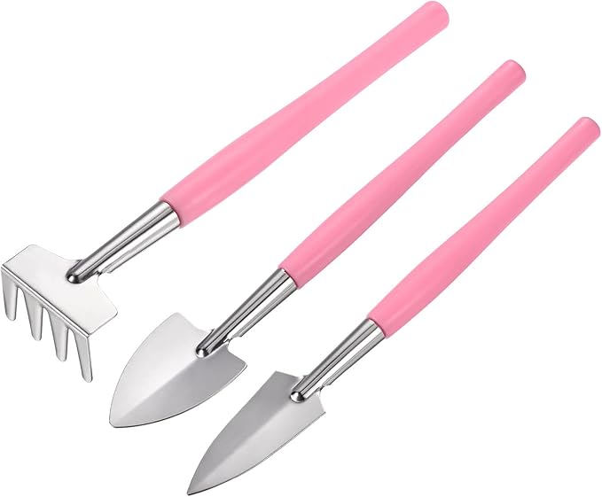 MECCANIXITY Gardening Tools 3 Pack Iron Spade Rake Transplanting Plants Care Digging Kits, Pink