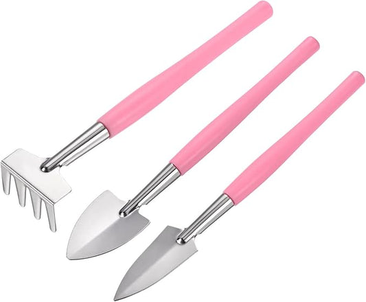MECCANIXITY Gardening Tools 3 Pack Iron Spade Rake Transplanting Plants Care Digging Kits, Pink