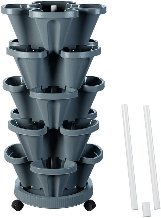 Strawberry Vertical Planters Tower Garden, 5 Tiered Stacking Planter with Support Pole, Stackable Herb Vegetable Planters Indoor and Outdoor - Dark Grey