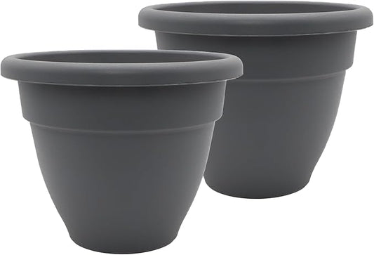 The HC Companies Caribbean Planter Pot - Outdoor & Indoor Plant Pot with Drainage Hole & Plug - Rolled Rim Plastic Pots for Plants & Flowers - Decorative Plant Pot (14" Warm Gray, Pack of 2)