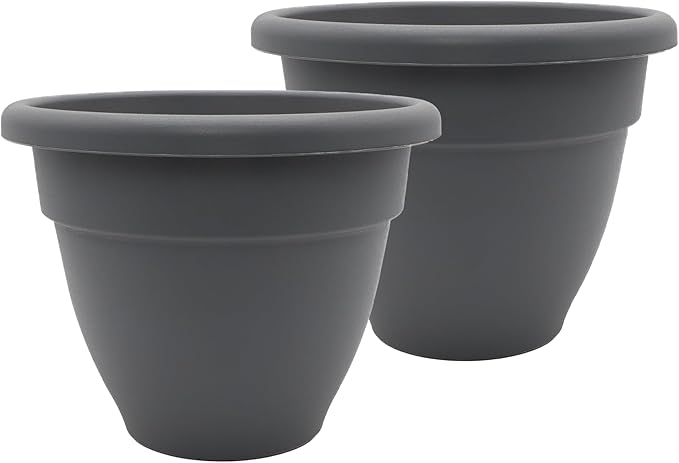 The HC Companies Caribbean Planter Pot - Outdoor & Indoor Plant Pot with Drainage Hole & Plug - Rolled Rim Plastic Pots for Plants & Flowers - Decorative Plant Pot (12" Warm Gray, Pack of 2)