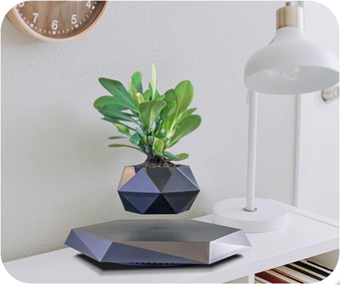 Magnetic Levitating Flower Pot Air Bonsai Black Hexagon Suspension Floating Plant Pot 360 Degree Rotation Pot Home and Office Desk Decor