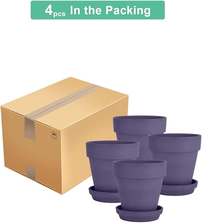 vensovo 6 Inch Purple Terracotta & Clay Pots for Plant with Saucer - 4 Pack Medium Terra Cotta Planter with Drainage Hole, Flowerpot for Indoor Outdoor Plants, Crafts, Wedding Favor