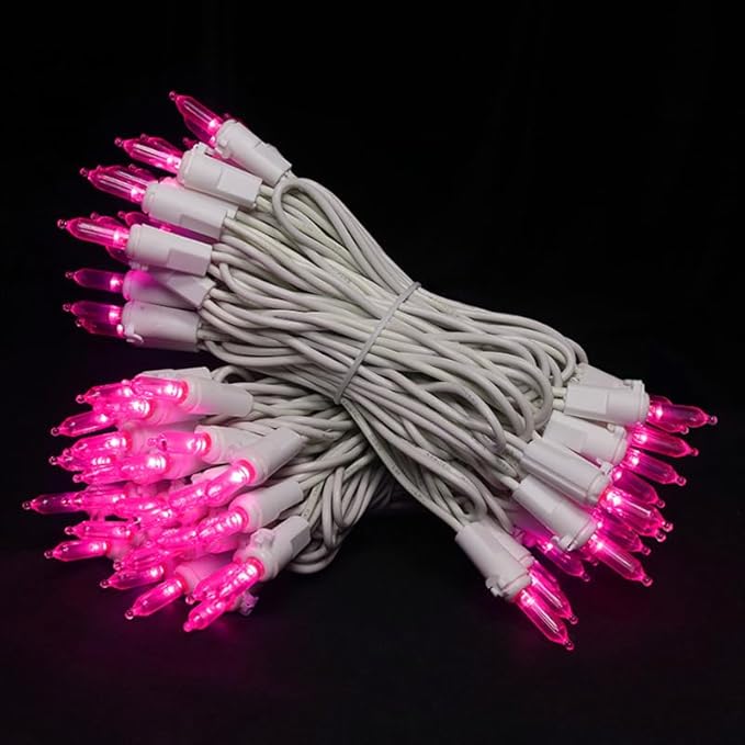 Pink LED Christmas Lights - 100 Count Pink Christmas String Lights for Tree, Party, Bedroom, Wedding, Indoor and Outdoor Valentines Day Decorations, 33 Feet White Wire, UL Certified, Connectable