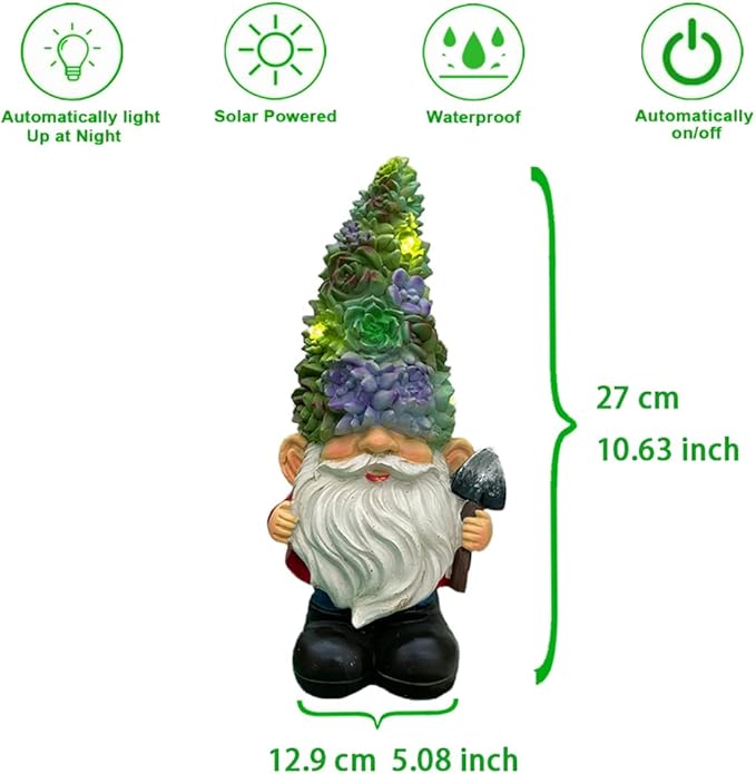 Solar Powered Gnome with Flower Hat and Shovel, Decorated Solar Light, Garden Decorations Statues, Garden Light Decor