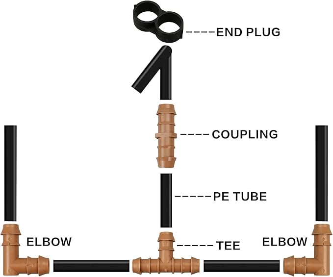 28P Drip Irrigation Fittings Kit (17mm) for 1/2" Tubing (.600" ID), 10 Couplings, 6 Tees, 6 Elbows and 6 Tubing End Closure - Barded Connectors for Drip or Sprinkler Systems(28 Pieces Set)