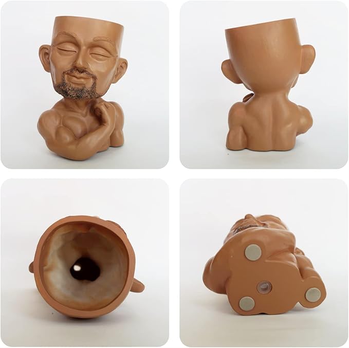 Beefcake Face Planter Pots Head Planter Man Face Planters Pot Head Face Flower Pot Head Planter with Drainage Hole Mscular Man(Brown)