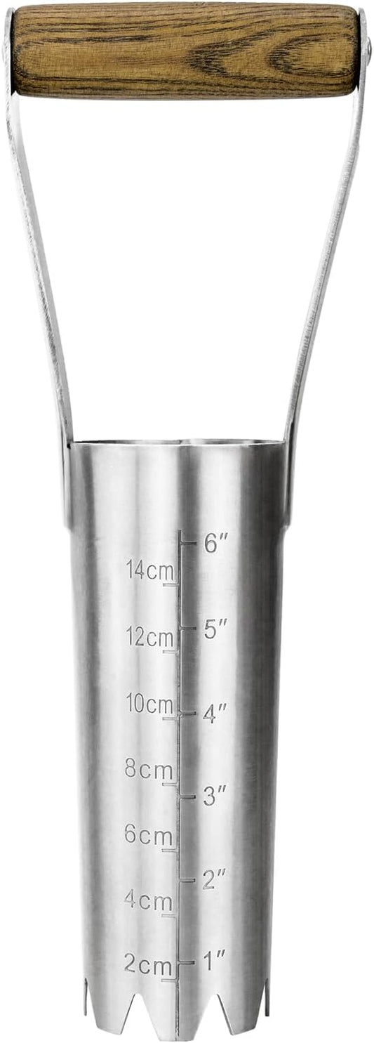 Bulb Planter Tool, 6 Inches Depth Mark Hand Bulb Planter, Non-Bending Stainless Steel Bulb Planter Digger, Garden Bulb Transplanter with Comfortable Grip Wooden Handle for Tulip and Daffodils