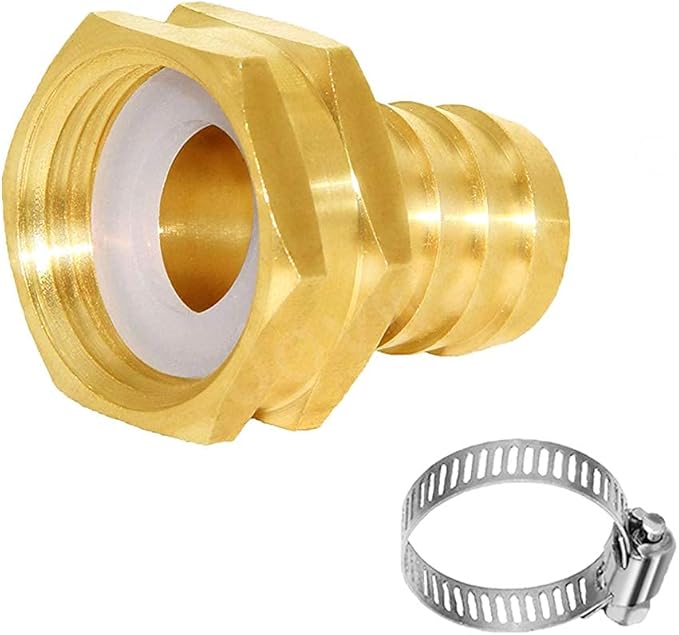 Joywayus 2Pcs 5/8" Barb x 3/4" Female GHT Thread Swivel Hex Brass Garden Water Hose Pipe Connector Copper Fitting with Stainless Clamp House/Boat/Lawn/Power Wash/Irrigation