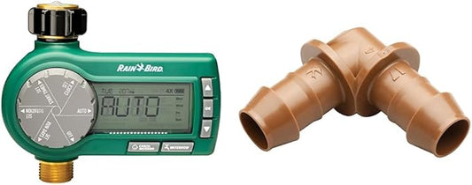 Rain Bird 1 Zone Electronic Digital Hose End Timer Bundle with 4-Pack Drip Irrigation Elbow Fittings