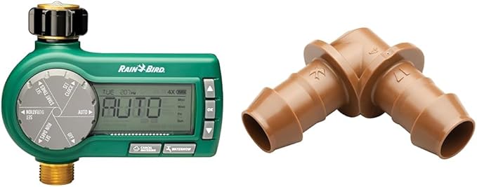 Rain Bird 1 Zone Electronic Digital Hose End Timer Bundle with 4-Pack Drip Irrigation Elbow Fittings